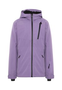 Lila wasserdichte Jacke mit Kapuze, Frontreißverschluss, mehreren Taschen und schwarzen Akzenten. Glatte Textur, entworfen für den Einsatz im Freien.
