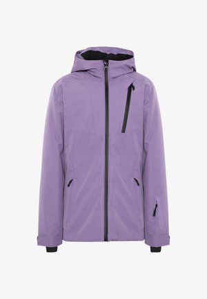 Purple waterproof jacket with a hood, front zipper, multiple pockets, and black accents. Smooth texture, designed for outdoor use.
