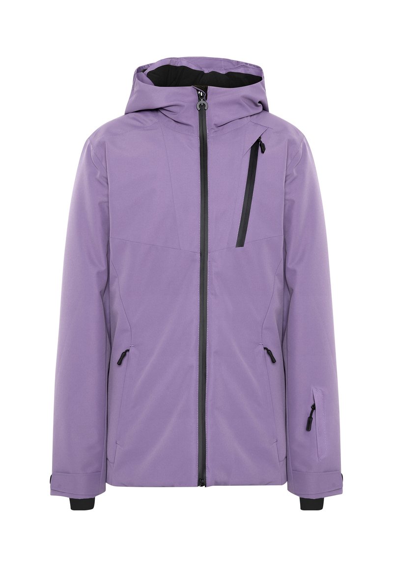 Lila wasserdichte Jacke mit Kapuze, Frontreißverschluss, mehreren Taschen und schwarzen Akzenten. Glatte Textur, entworfen für den Einsatz im Freien.