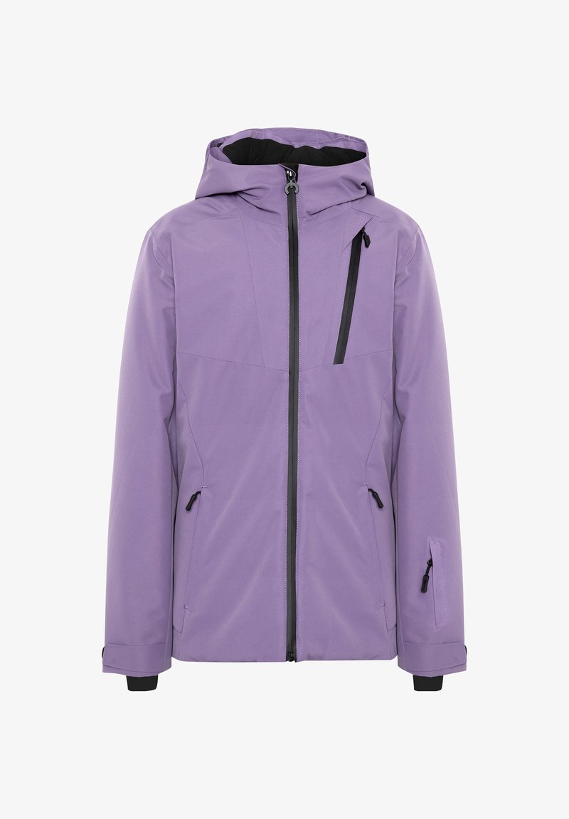 Purple waterproof jacket with a hood, front zipper, multiple pockets, and black accents. Smooth texture, designed for outdoor use.