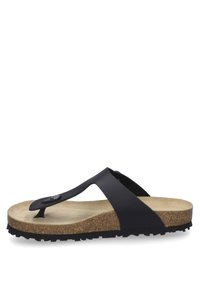 Schwarze Flip-Flop-Sandale mit einem strukturierten Korkfußbett, breitem Riemen und einer Gummisohle mit kleinen Noppen für besseren Halt.