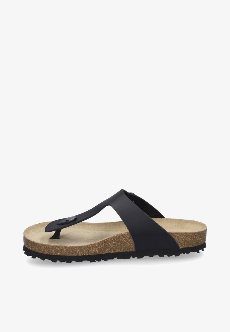 Schwarze Flip-Flop-Sandale mit einem strukturierten Korkfußbett, breitem Riemen und einer Gummisohle mit kleinen Noppen für besseren Halt.