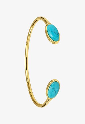 Pulsera de oro abierta con engastes de piedra turquesa ovalada en cada extremo, con detalles de vetas naturales.