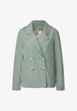 Giacca doppiopetto verde menta con colletto, due tasche laterali e bottoni in argento; realizzata in tessuto leggero e liscio.