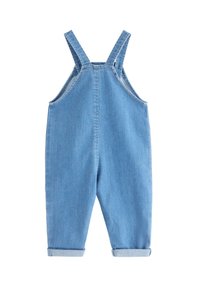 Lichtblauwe denim overall, voorzien van verstelbare banden, opgerolde manchetten en een klassiek recht model. Soepele textuur en eenvoudige naden.