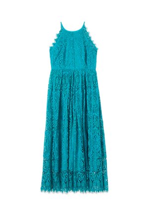 Turquoise mouwloze maxi-jurk van kant met een aansluitend lijfje, ronde halslijn en uitlopende rok, met ingewikkelde bloemenkantpatronen.
