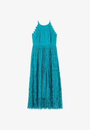 Turquoise mouwloze maxi-jurk van kant met een aansluitend lijfje, ronde halslijn en uitlopende rok, met ingewikkelde bloemenkantpatronen.