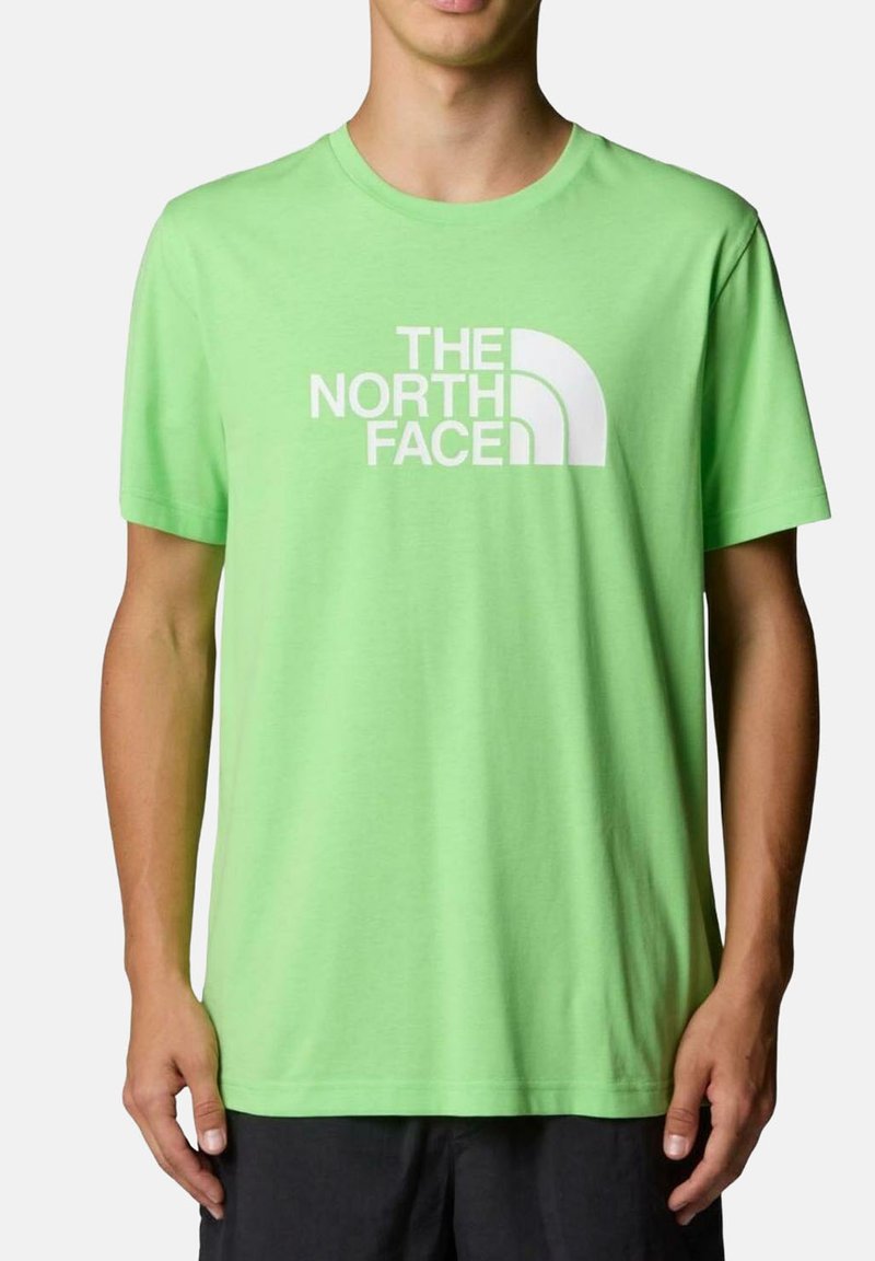 Camiseta de algodón verde con un logo en blanco de "THE NORTH FACE" y diseño en arco. Mangas cortas y corte relajado con una textura suave.
