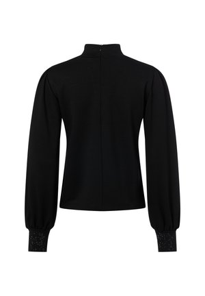 Haut noir à manches longues avec col montant, épaules bouffantes, fermeture éclair au dos et poignets ornés de petits détails brillants.