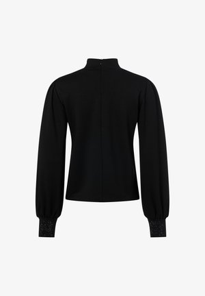 Schwarzes langärmliges Oberteil mit hohem Kragen, gepufften Schultern, Reißverschluss auf der Rückseite und verzierten Manschetten mit kleinen glänzenden Details.
