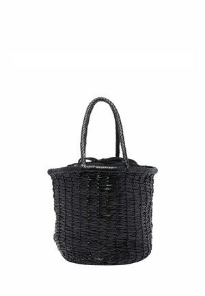 Cestino intrecciato nero di forma rotonda. Presenta due manici robusti e una superficie liscia. Realizzato in materiale flessibile per un facile trasporto.