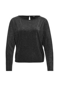 Schwarzes Oberteil mit langen Ärmeln, rundem Halsausschnitt und einem Schlüssellochdetail auf der Rückseite. Hergestellt aus einem strukturierten, schimmernden Stoff.