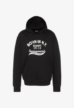 Sweat à capuche noir avec texte blanc "BORN IN N.Y. SCHOTT 19-13 Incorporated CAMPS LEAGUE" et une poche kangourou à l'avant.
