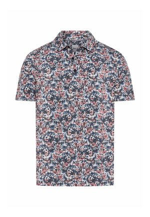 Kurzärmliges Poloshirt mit pinkem, blauem und weißem Blumenmuster auf dunklem Hintergrund, mit Kragen und Knopfleiste.
