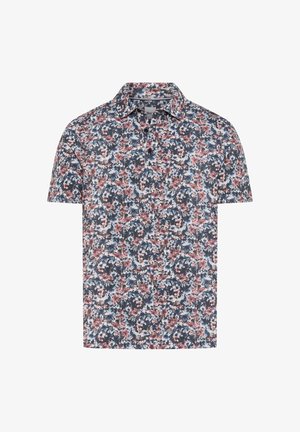 Kurzärmliges Poloshirt mit pinkem, blauem und weißem Blumenmuster auf dunklem Hintergrund, mit Kragen und Knopfleiste.
