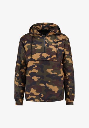 Coupe-vent camouflage aux nuances de vert, brun et beige. Comprend une capuche, une fermeture à moitié éclair et des poignets élastiques. Tissu résistant à l'eau.