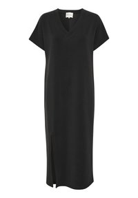 Černé šaty po kolena vyrobené z hladkého materiálu s výstřihem ve tvaru V a krátkými rukávy. Obsahují boční rozparek pro zvýraznění detailu.