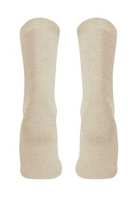 Beige Kniestrümpfe mit geripptem Textur, glatter Oberfläche und verstärkten Zehen- und Fersenbereichen, die ein einfaches, nahtloses Design aufweisen.