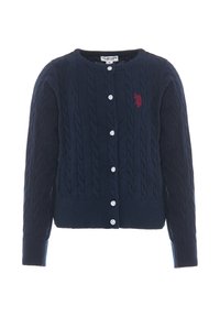 Cardigan blu marina in maglia con motivo a trecce, scollo rotondo e chiusura con bottoni. Presenta un piccolo logo rosso sul petto sinistro.
