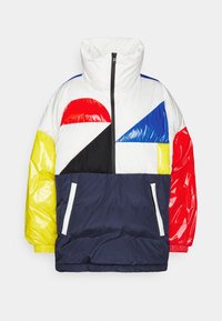Puffy jacket featuring a color-blocked design with white, navy, yellow, red, black, and blue sections; glossy texture; high neck; zip closure.