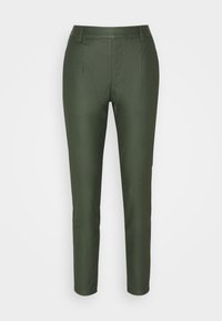 Pantalon vert olive en tissu lisse, avec une coupe ajustée, des poches devant et une taille mi-haute.