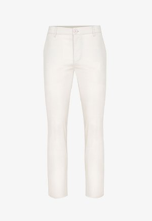 Białe bawełniane spodnie z prostymi nogawkami, z zapięciem na guzik, szlufkami na pasek i kieszeniami z przodu. Gładki, lekki materiał.