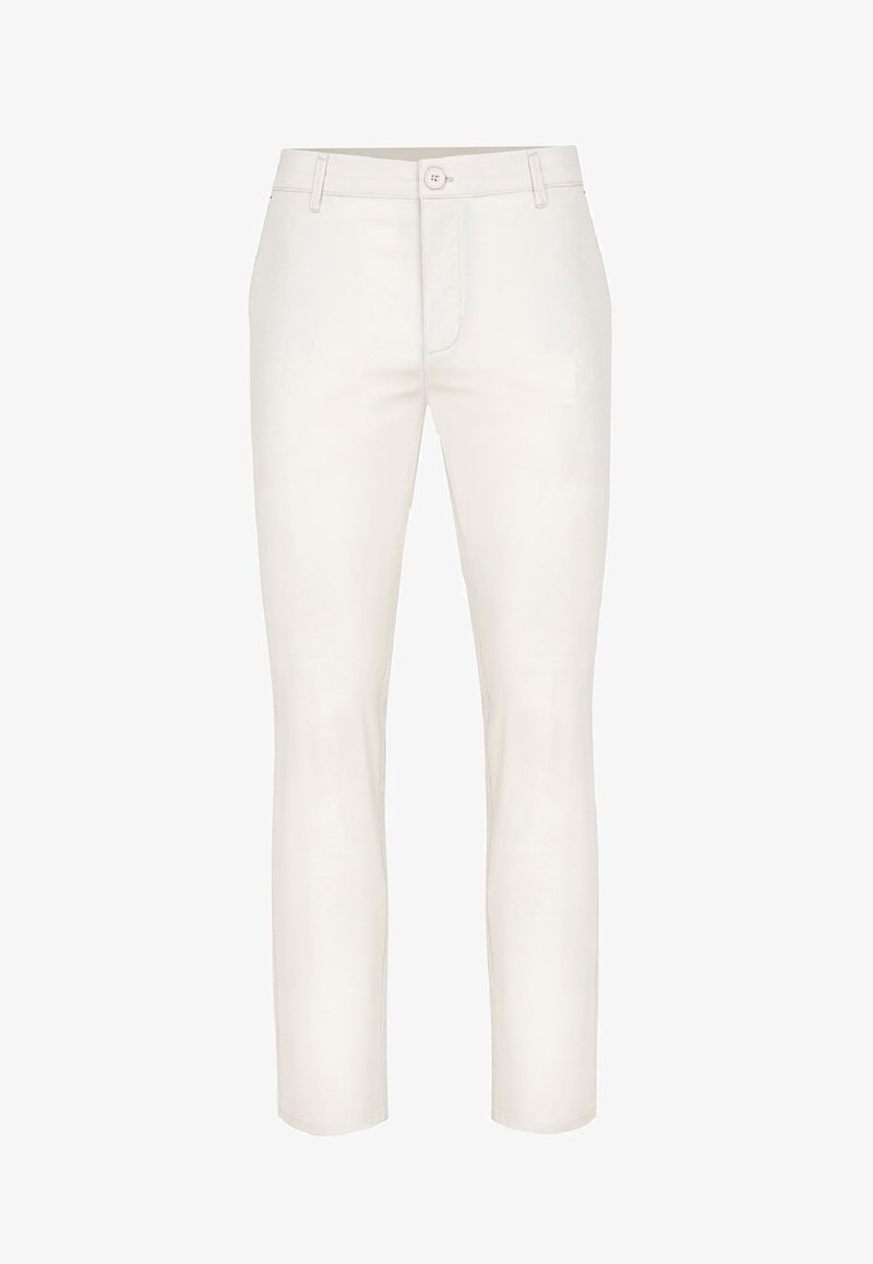 Białe bawełniane spodnie z prostymi nogawkami, z zapięciem na guzik, szlufkami na pasek i kieszeniami z przodu. Gładki, lekki materiał.