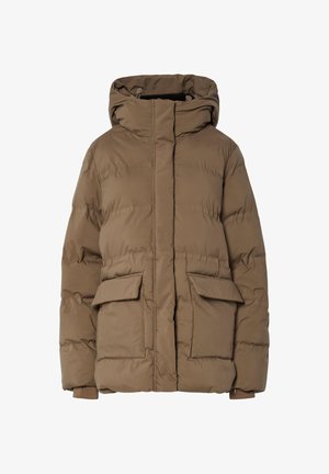 Bruine gewatteerde jas met capuchon, voorzien van een doorgestikt ontwerp, twee voorzakken en elastische manchetten. Gemaakt van geïsoleerde stof met een gladde textuur.