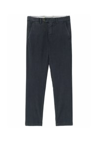 Pantaloni grigio scuro realizzati in un tessuto dalla superficie liscia. Presentano due tasche laterali e una chiusura con bottone in vita. Design a gamba dritta.