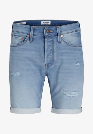 Light blue denim shorts with rolled hems, featuring distressed patches and copper-tone hardware. Classic five-pocket design.