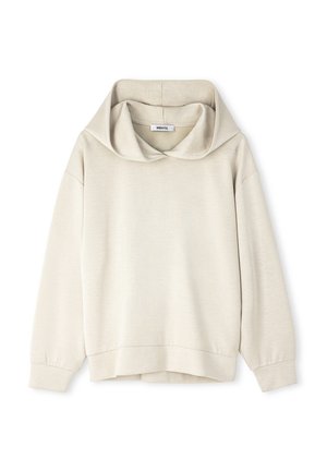 Felpa beige con un grande cappuccio sovrapposto, maniche lunghe e vestibilità rilassata. Texture morbida e design semplice senza motivi o accenti.