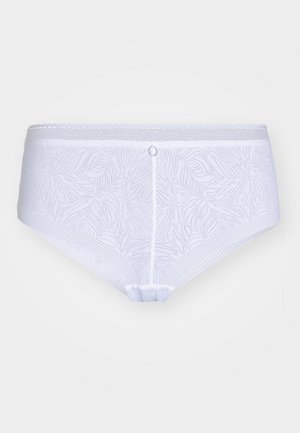 Weiße Baumwollslips mit einem Blattmuster. Ausgestattet mit einem gewellten Bund und einem kleinen Knopfdetail auf der Rückseite, strukturierter Stoff.