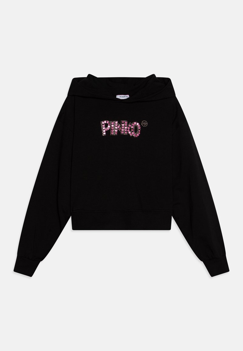 Felpa nera con design cropped e maniche lunghe. Il davanti presenta un logo "PINKO" scintillante in rosa e strass trasparenti.