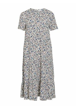 Šaty s květinovým vzorem a krátkými rukávy, kulatým výstřihem a vrstevnatým lemem. Obsahují modré, růžové a zelené květiny na krémovém pozadí.