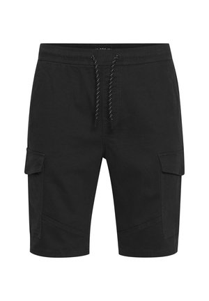 Zwarte cargoshorts van een katoenmengsel, met een sweatband, twee zijzakken en een gladde, matte textuur.
