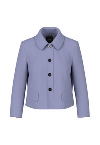 Lavender fabric jacket with a rounded collar, front button closure, and two side pockets. Features black buttons and a tailored fit.