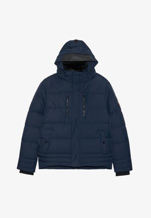 Mørkeblå puffjakke med hette, med glidelåslommer, ribbestrikkede mansjetter og quiltet tekstur. Myk innvendig fôr synlig.