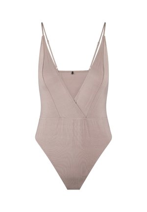 Beige one-piece swimsuit with thin adjustable straps, a deep V-neck, and smooth fabric. Features a body-hugging fit and minimal stitching details.