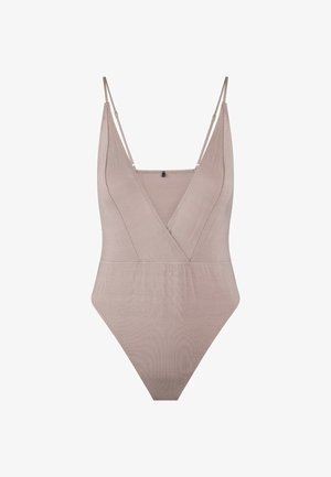 Beige one-piece zwempak met dunne verstelbare schouderbanden, een diepe V-hals en een soepele stof. Kenmerkt zich door een figuurafhankelijke pasvorm en minimale stikseldetails.