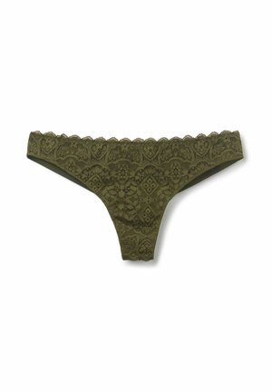 Olive green lace thong with scalloped edges, featuring intricate floral patterns and a smooth fabric base for comfort.