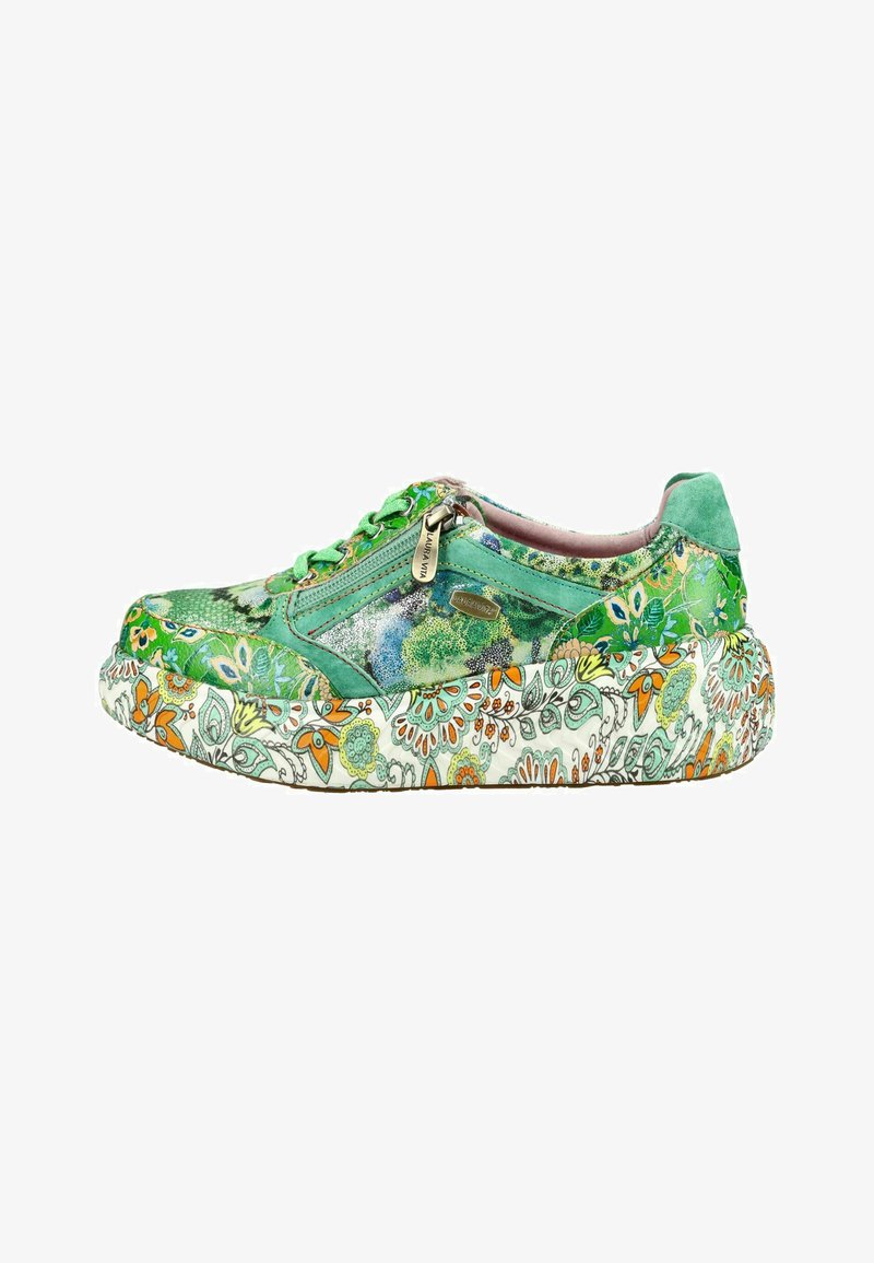 Green sneaker with floral patterns, side zipper, lace-up front, and thick sole decorated with orange and green floral designs.