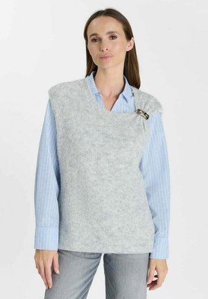 Donna con lunghi capelli castani indossa una camicia azzurra a righe sotto un maglione grigio senza maniche e peloso con una spilla sulla spalla sinistra.