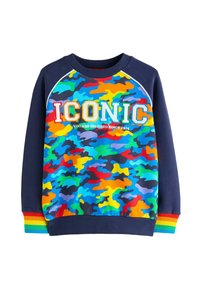 Felpa colorata con motivo camouflage nei toni del blu, verde, giallo e rosso. Presenta un collo tondo, polsini a coste e la scritta "ICONIC" sul davanti.