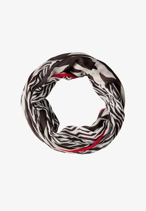 Écharpe circulaire avec un motif zèbre noir et crème, accentuée d'une fine bande rouge le long du bord, faite en tissu léger.