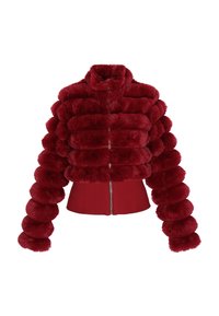 Jachetă din blană artificială roșie, cu un design pufos, prevăzută cu guler înalt, mâneci lungi și un fermoar frontal, terminată cu o talie ajustată.