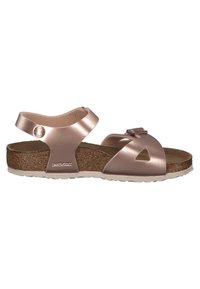 Roze gouden sandalen met een kurken voetbed, voorzien van een uitgesneden ontwerp en een verstelbare band, textuurovervlak en een witte buitenzool.