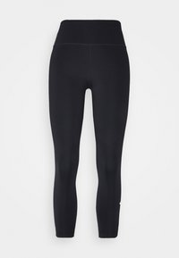 Leggings noirs en tissu extensible avec une taille haute. Texture lisse, design ajusté et petit logo sur la jambe inférieure.