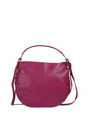 Paarse leren schoudertas met gevlochten detail, korte handgreep, lange verstelbare riem en een kleine Italiaanse vlagbedel aan de zijkant.