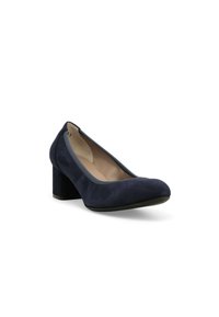 Pump in suede blu navy con punta arrotondata, tacco basso a blocco e rivestimento interno liscio. Design semplice senza decorazioni visibili.