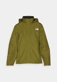 Olivově zelená nepromokavá bunda s kapucí, předním zipem a logem v levém horním rohu. Hladká textura, funkční design pro outdoorové použití.